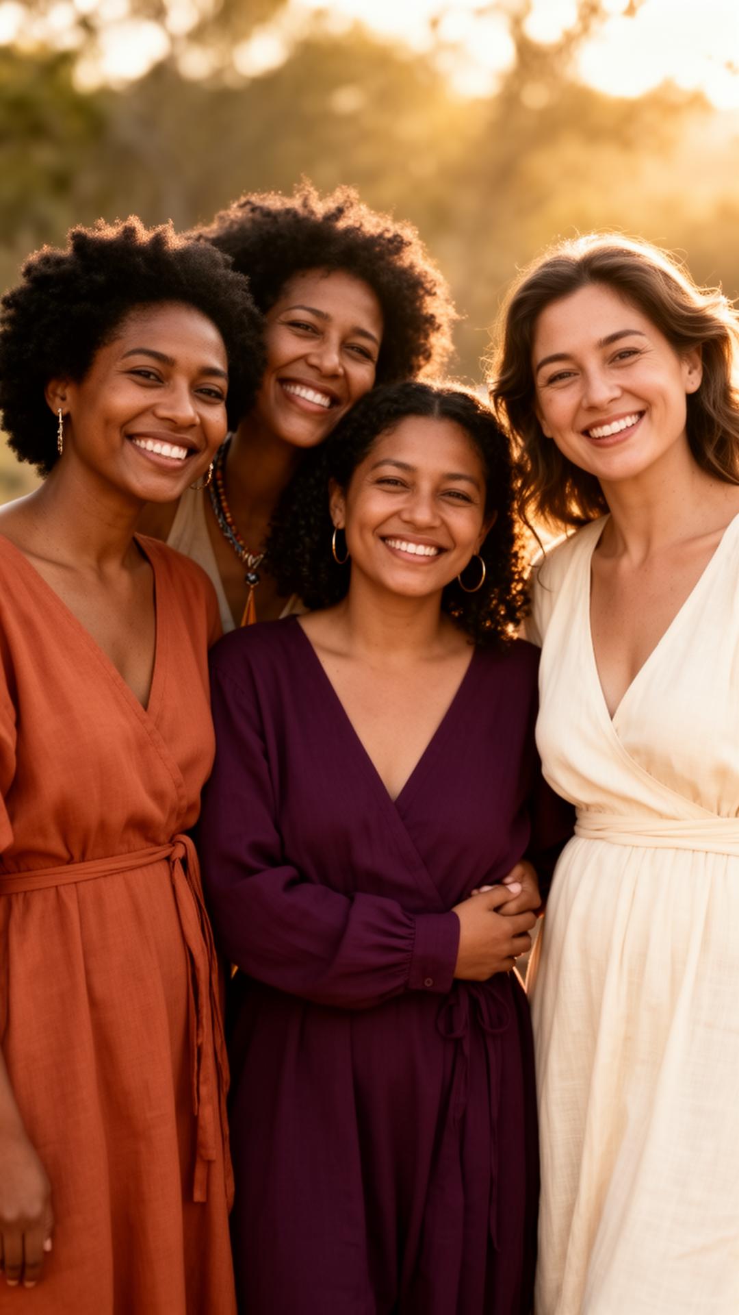 Three women in sistahood at golden hour