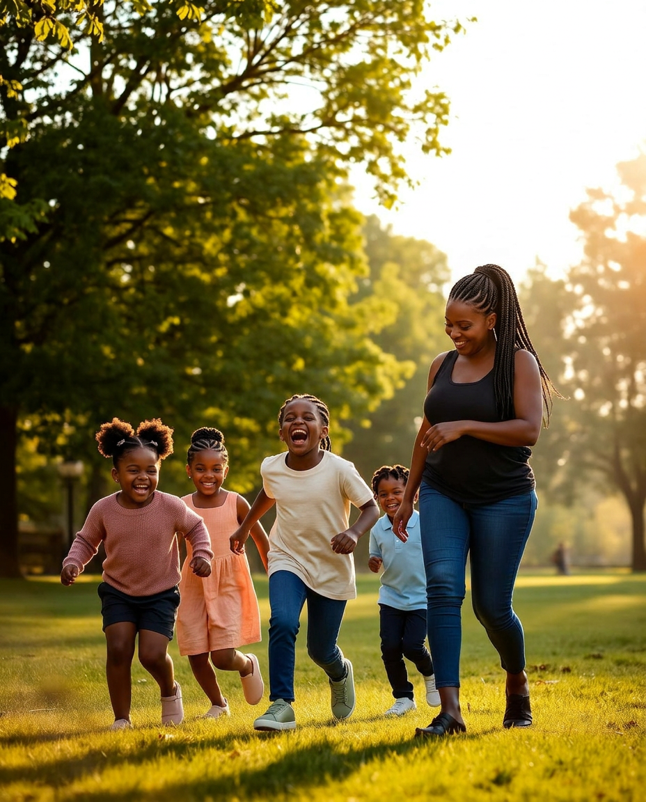 Black mother and children laughing and playing together in a sunlit park