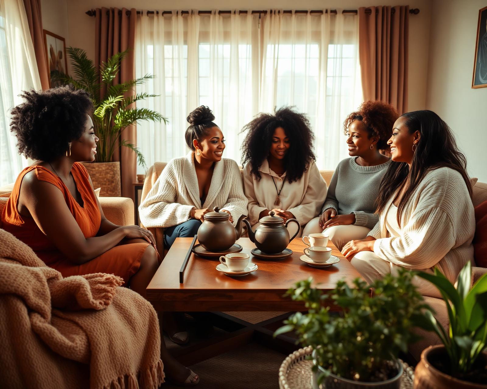 Black and Brown women gathered together in a warm living room sharing tea and conversation